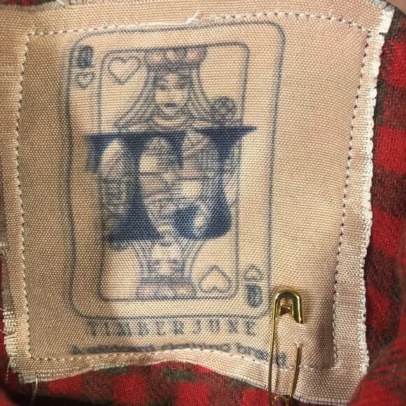 Timber June Shirt Large Red Check Flannel Evil Eye Sequin Back Boho Graphic - Picture 5 of 16